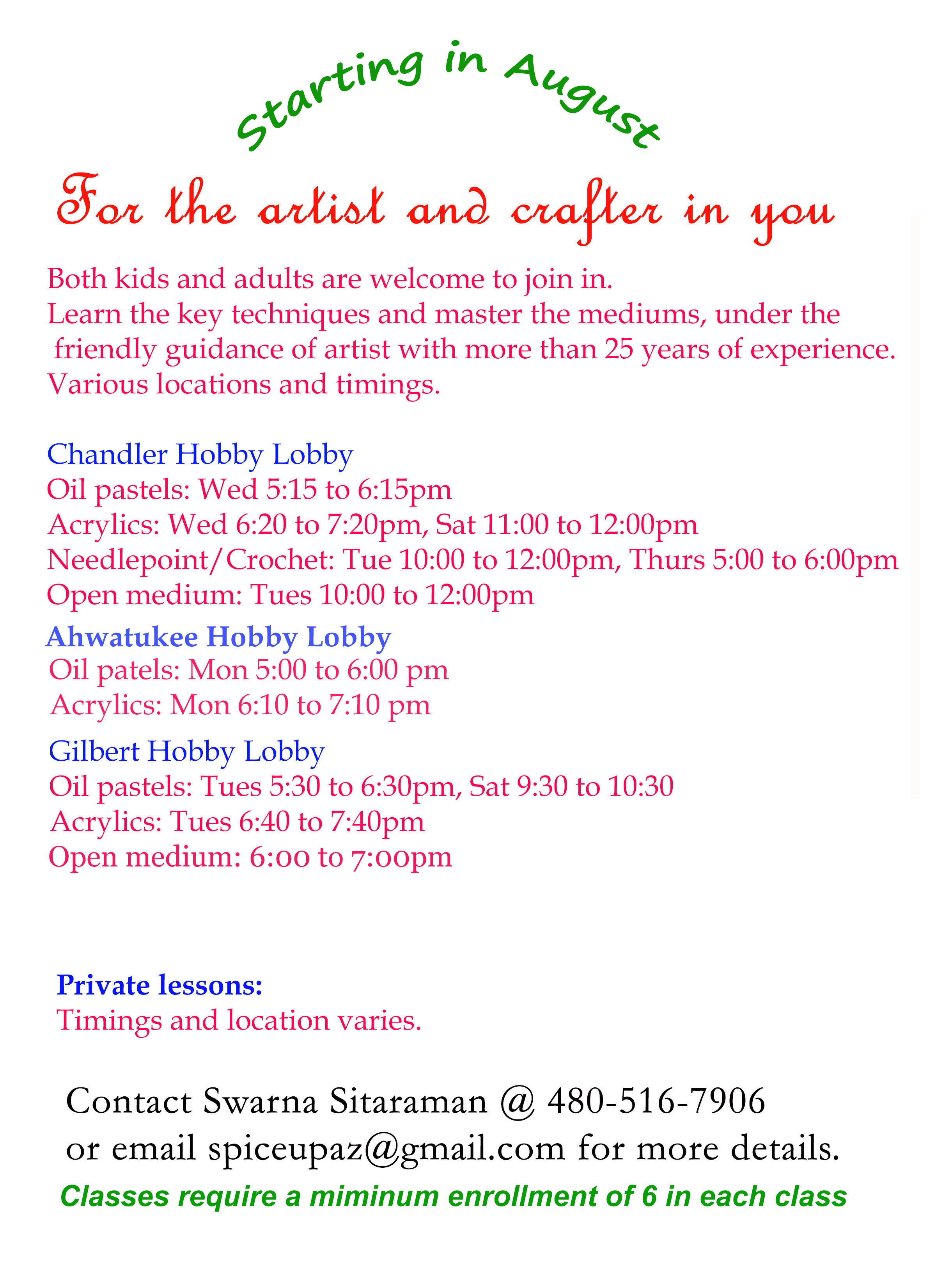 ART and CRAFT classes